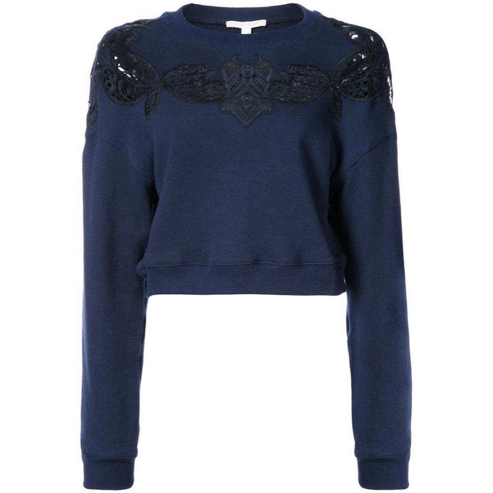 Jonathan Simkhai Lace Applique Pullover Sweatshirt Navy Blue Black Cropped Small - Picture 2 of 5
